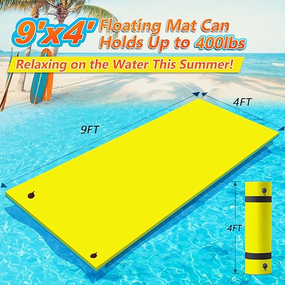 CTSC Lily Pad Floating Mat - Floating Water Mat - 9 x 4 Ft Floating Mat for Lake, 3-Layer Tear-Resistant XPE Foam with a 16.4' Elastic Bungee Tether for Lake, Beach, Ocean, Pool